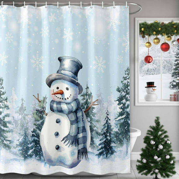 Christmas Snowman Shower Curtains for Bathroom, Winter Tree Snowflakes Blue White Waterproof Fabric Shower Curtain for Bathroom Bathtub Decoration, Machine Washable, 54x"78"
