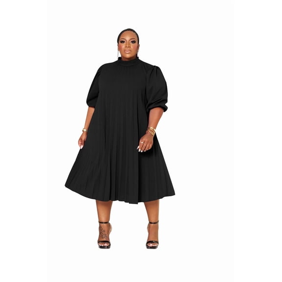 Plus Size Maxi Dress for Women Casual Pleated Dress Summer Short Sleeve Flowy Swing Dress Loose Beach Dresses Black 2XL