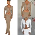 thumbnail image 4 of 2-Piece Set Wool-Knit Button-Baring Top Solid Color Threaded Hip Skirt Set, 4 of 5