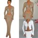 thumbnail image 4 of 2-Piece Set Wool-Knit Button-Baring Top Solid Color Threaded Hip Skirt Set, 4 of 5