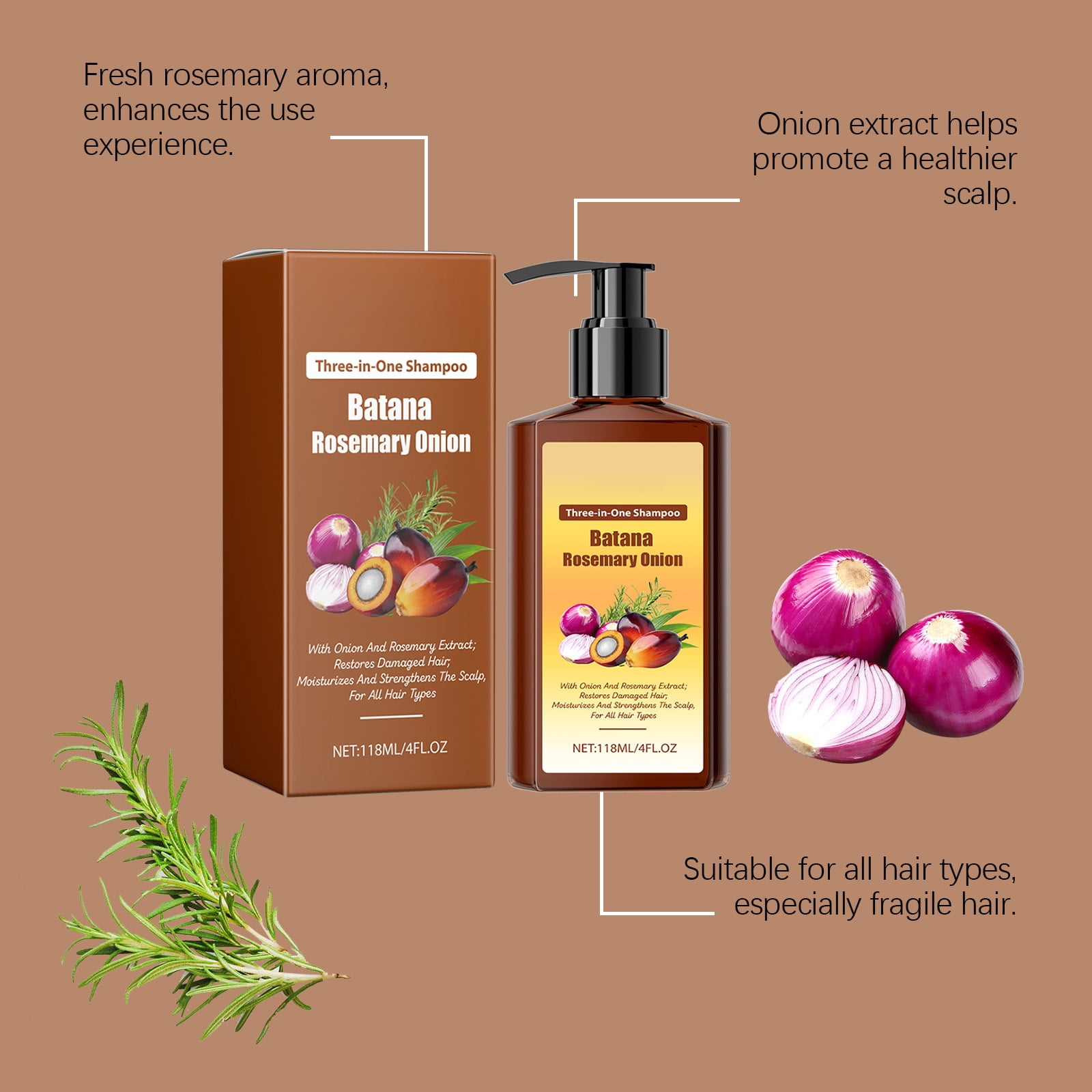 Alvantor Batana Oil Shampoo with Rosemary Onion, Moisturizing & Strengthening Hair Care for All Hair Types, 4fl.oz