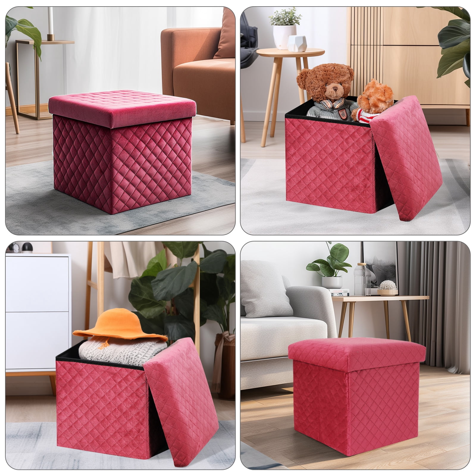 Folding Storage Ottoman Cube Velvet Tufted Space-Saving Toy Box Foot Rest Stool Seat for Home Bedroom, 11.8"