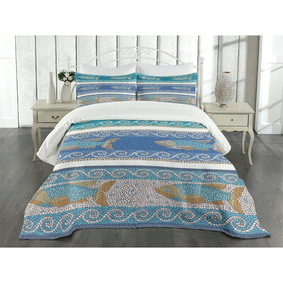 Ambesonne Mosaic Quilted Bedspread Set 3 Pcs, Marine Style Pattern, King Size, Slate Blue
