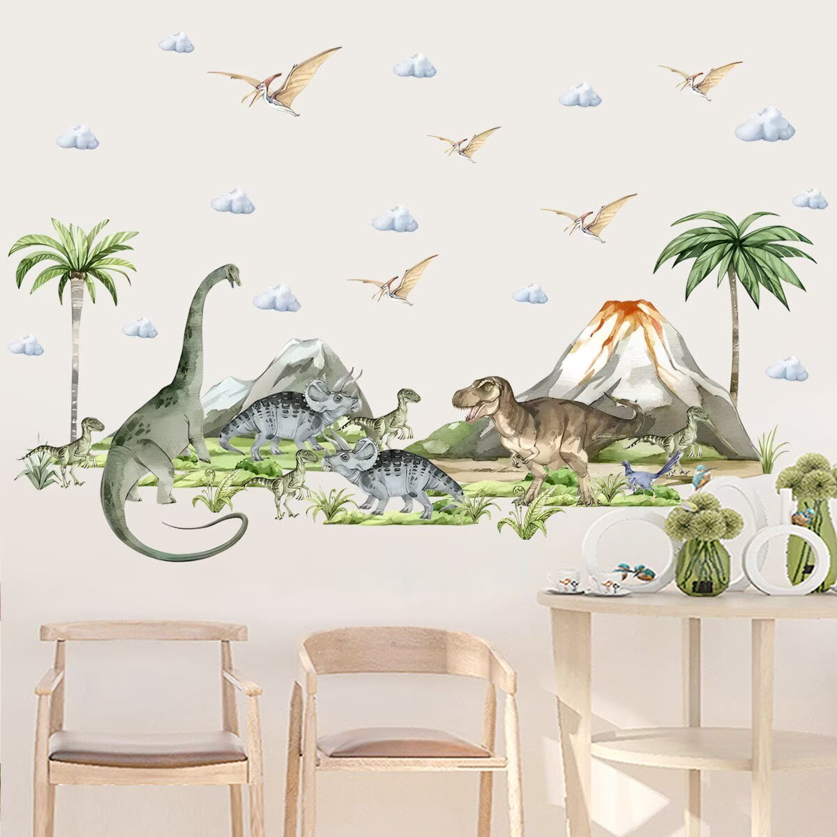 Large Dinosaurs Wall Decals Animal Dino Tropical Palm Tree Wall Stickers Dino Volcano Wall Stickers Boys Bedroom Playroom Baby Nursery Wall Decor