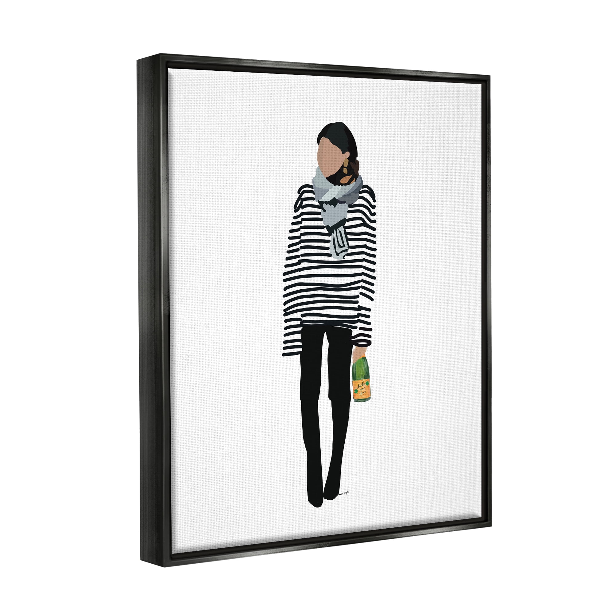 Stupell Industries Trendy Stripes Fashion Girl Beauty & Fashion Painting Black Floater Framed Art Print Wall Art