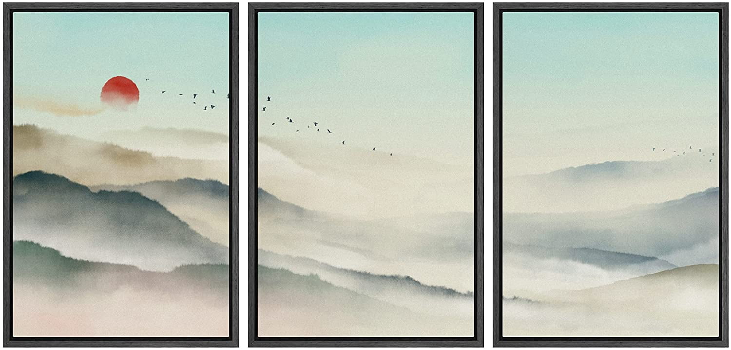 IDEA4WALL Framed Canvas Print Wall Art Set Pastel Mountain Range Misty ...