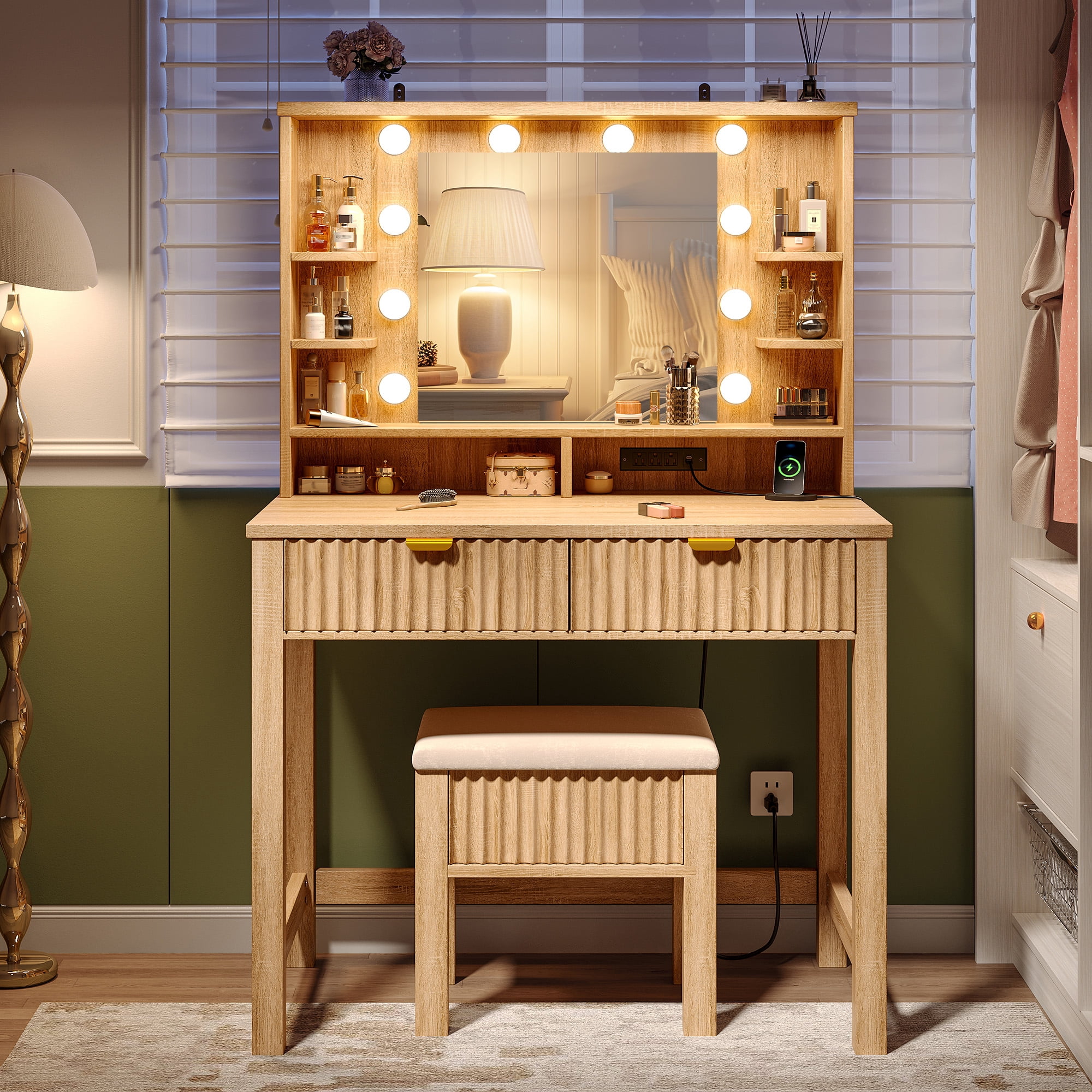 Vanity Desk with Storage Stool Fluted Dressing Table with Mirror and 3-Color Lights Vanity with 2 Large Drawers & Charging Station, Wood Color