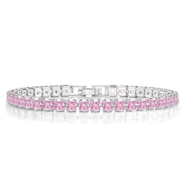 JeenMata Enorme Octubre de Corte Princesa de 11 Quilates - Turmalina Rosa - Pulsera de Tenis con Piedra Natal para Mujer Diseño de Eternidad - Chapado en Oro Blanco