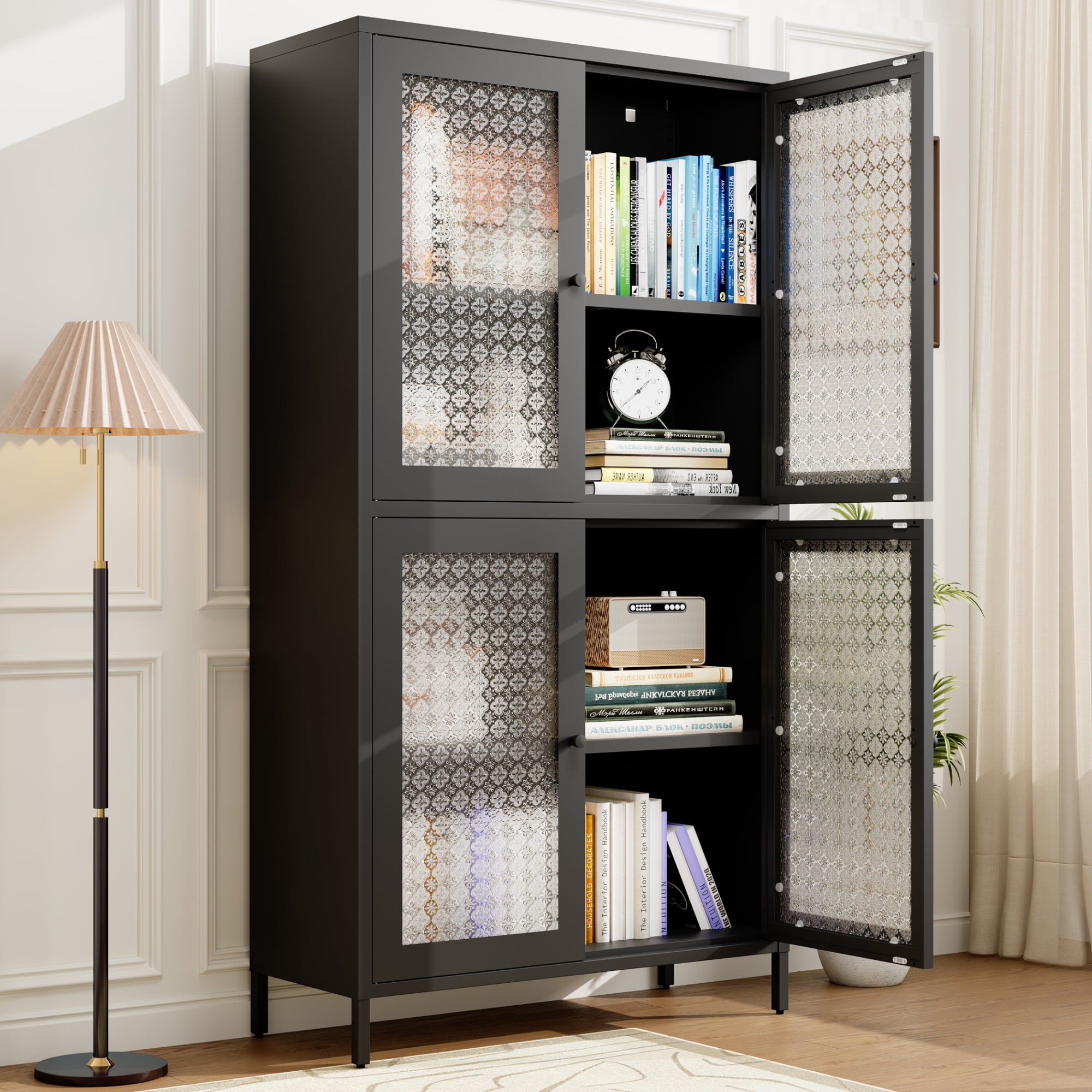 59" Metal Storage Cabinet Display Cabinet with 4 Glass Doors & 4 Shelves,Cabinet Bookcase Side Cabinet for Home Office Living Room,Black 03