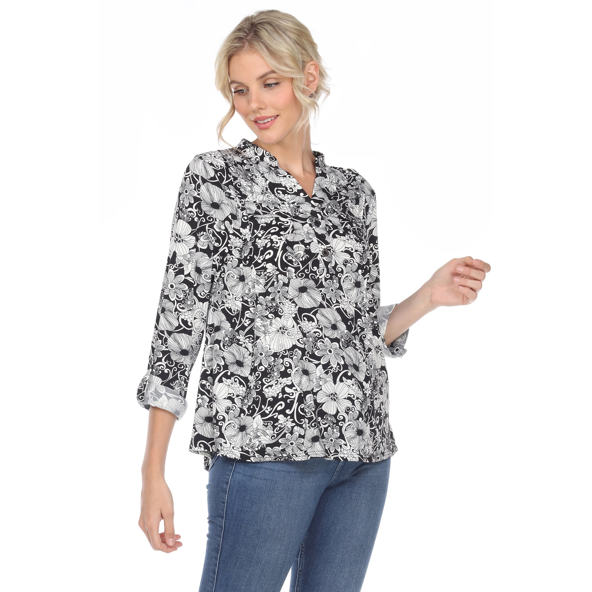 White Mark Women's Pleated 3/4 Sleeve Floral Print Blouse