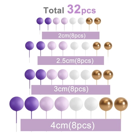 32-Pc Purple & Gold Cake Topper Set, Balloon Foam Ball Cake Decorations for Wedding & Birthday Parties