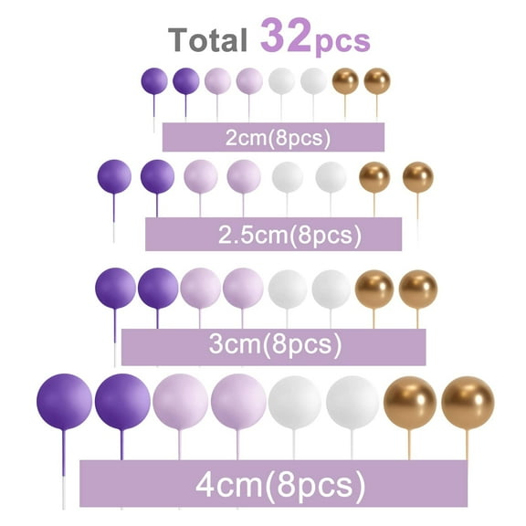 32-Pc Purple & Gold Cake Topper Set, Balloon Foam Ball Cake Decorations for Wedding & Birthday Parties