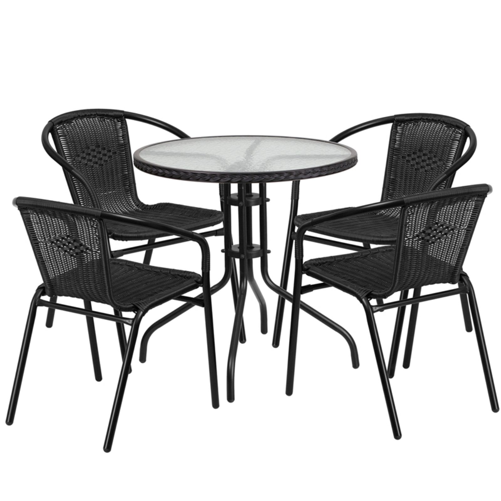 Flash Furniture 28 Round Glass Metal Table With Rattan Edging And 4 Black Stack Chairs Multiple Colors