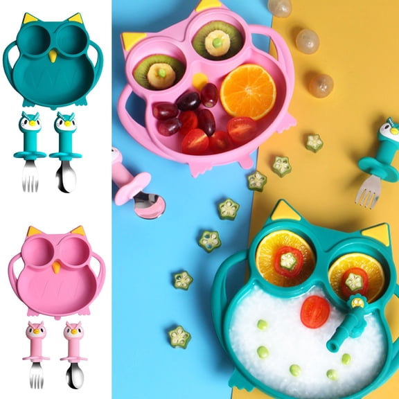 Owl Shaped Silicone Baby Toddler Plate Set with Non-Slip Base, Divided Feeding Bowl with Fork and Spoon, Multicolor