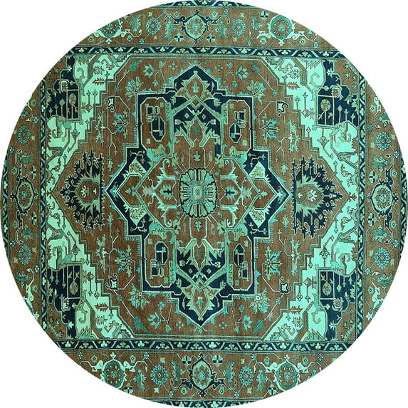 Ahgly Company Indoor Round Oriental Turquoise Blue Industrial Area Rugs, 8' Round