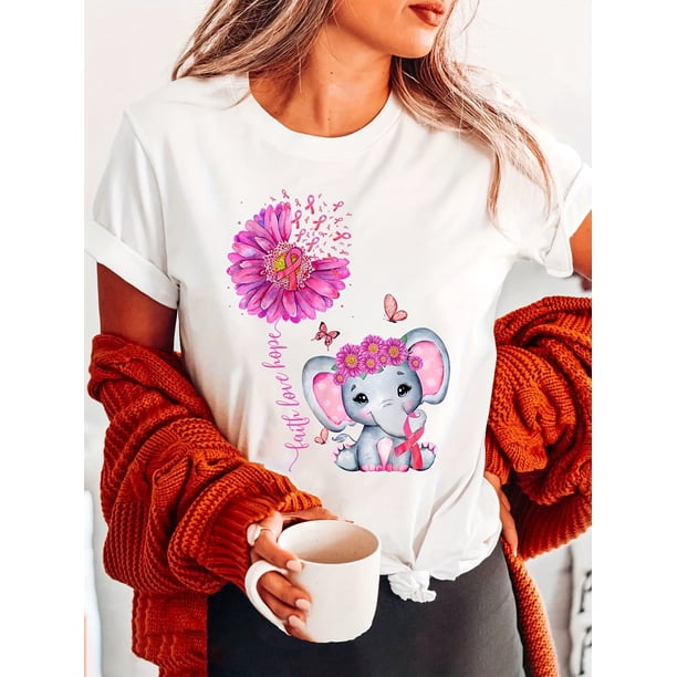 Women's Black Breast Cancer Awareness T-Shirt - Floral Elephant & Butterfly Print with Inspirational Quote, Short Sleeve Crew Neck Casual Top, Machine Washable Summer Spring Tee, Comfortable Fit