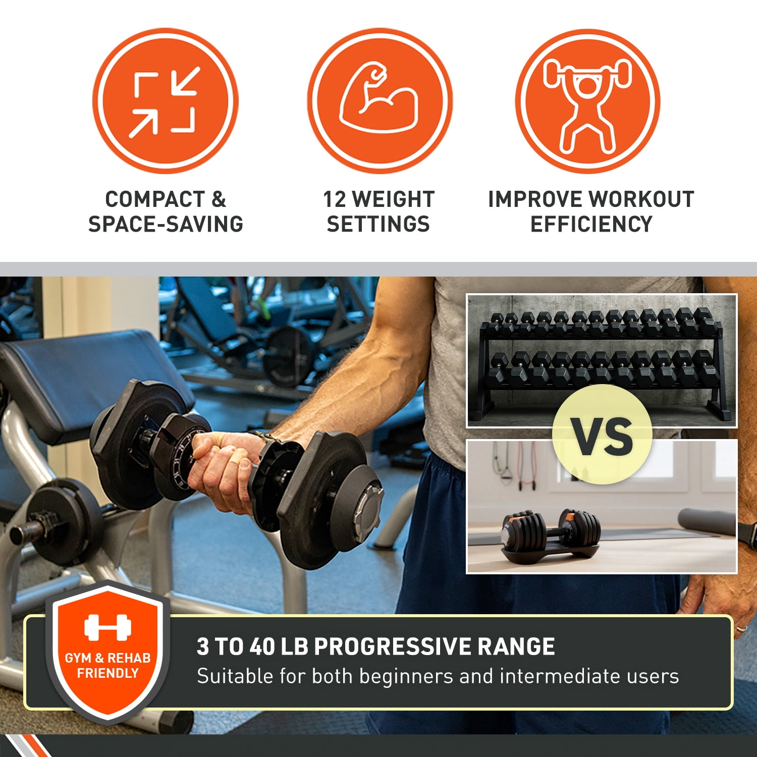Body Sport Adjustable Dumbbells Set — 3 to 40 Lbs., 12 Weight Settings, Locking Safety Mechanism, Space-Saving Design for Home Gym