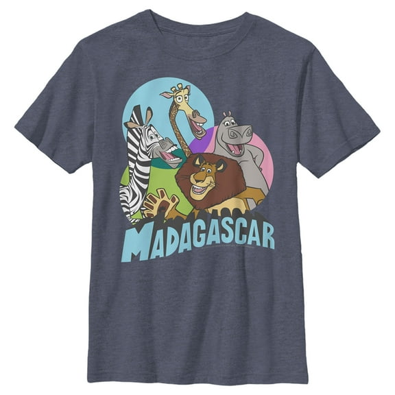 Boy's Madagascar Colorful Geometric Group Shot Graphic Tee Navy Blue Heather Medium
