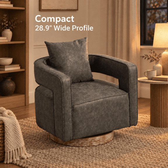 GOMYHOME 360° Swivel Accent Chair, Gray Faux Leather Barrel Chair with Wood Base