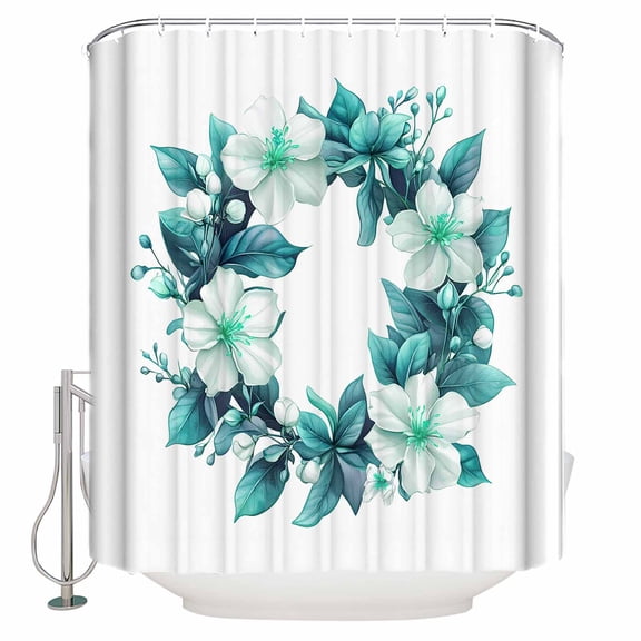 Small Stall Shower Curtain 36x72 Inch Narrow Half Size Teal Botanical Spring Bath Curtains Bathroom Decor White Floral Spring Waterproof Fabric Shower Curtain Set with Hooks 36 Inch