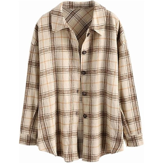 Camisa de manga larga a cuadros para mujer, con botones, mezcla de lana, chaqueta fina, blusa informal con bolsillo