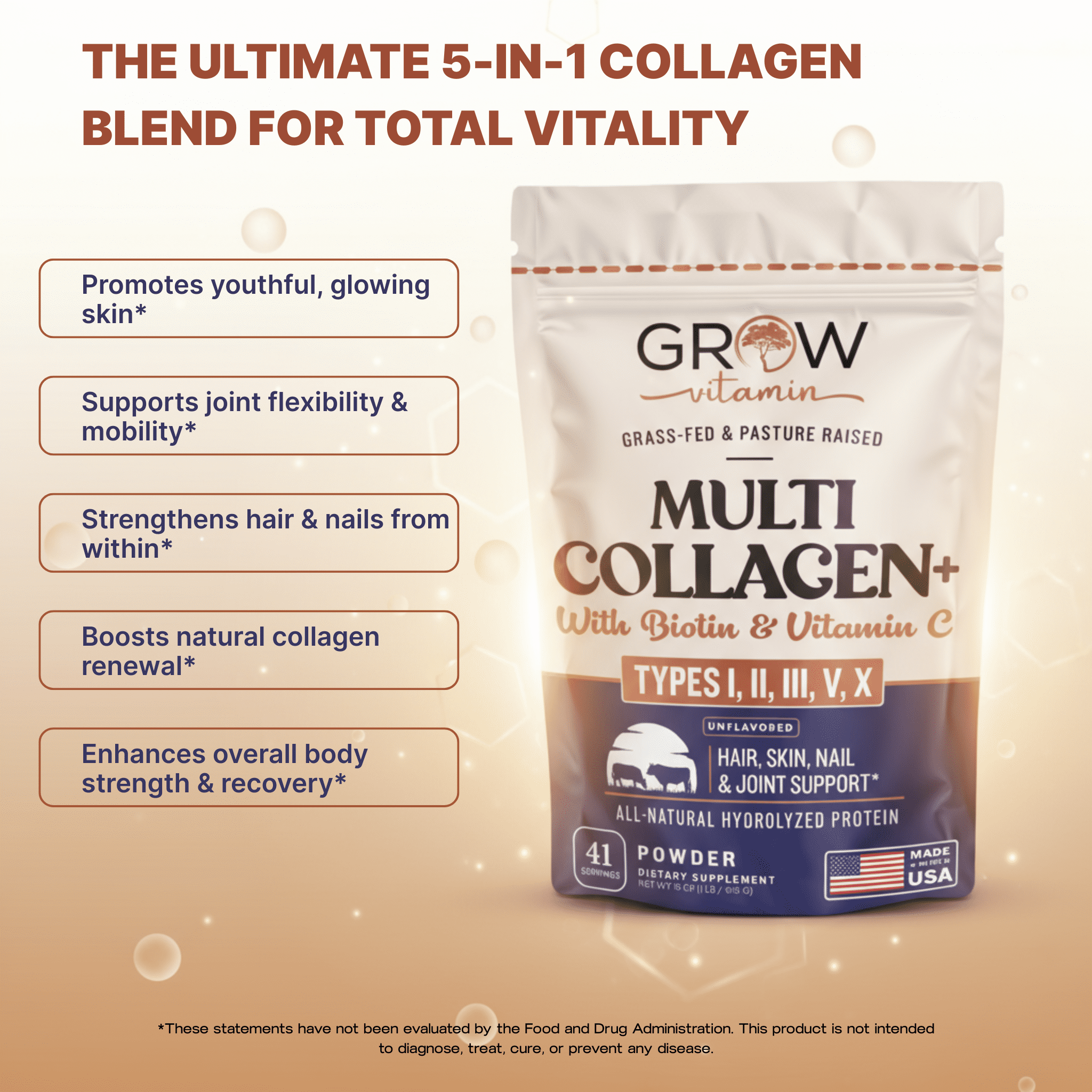Grow Vitamin Collagen Peptides, Hair Skin Nail and Joint Support, Type I & III, Hydrolyzed Protein, 41 Servings, 16 oz