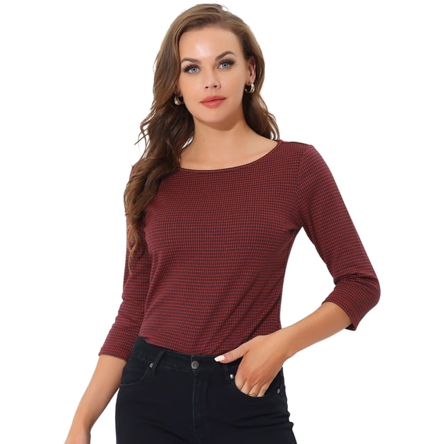 Blusa Estampado De Pata De Gallo Manga 3/4 Cuello Del Barco Oficina Trabajo Para Mujer Rojo1 XL