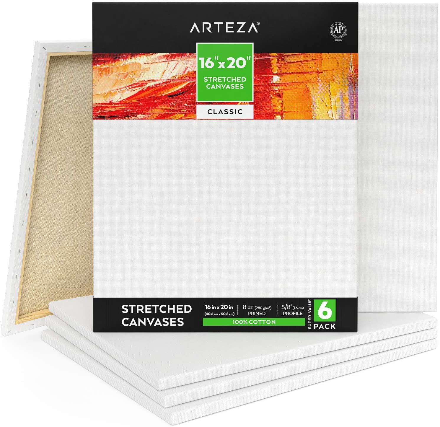 Arteza Stretched Canvas, Classic, White, 16"x20", Large Blank Canvas