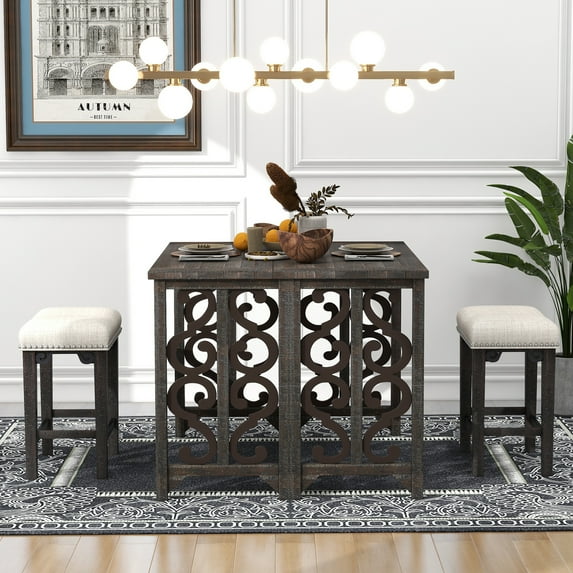 Retro Wood 3-Piece Counter Height Dining Set, Including 2 Stools, 1 Kitchen Table, Foldable Table with 2 Saddle Stools, Wood Table with 2 Upholstered Stools for Small Places