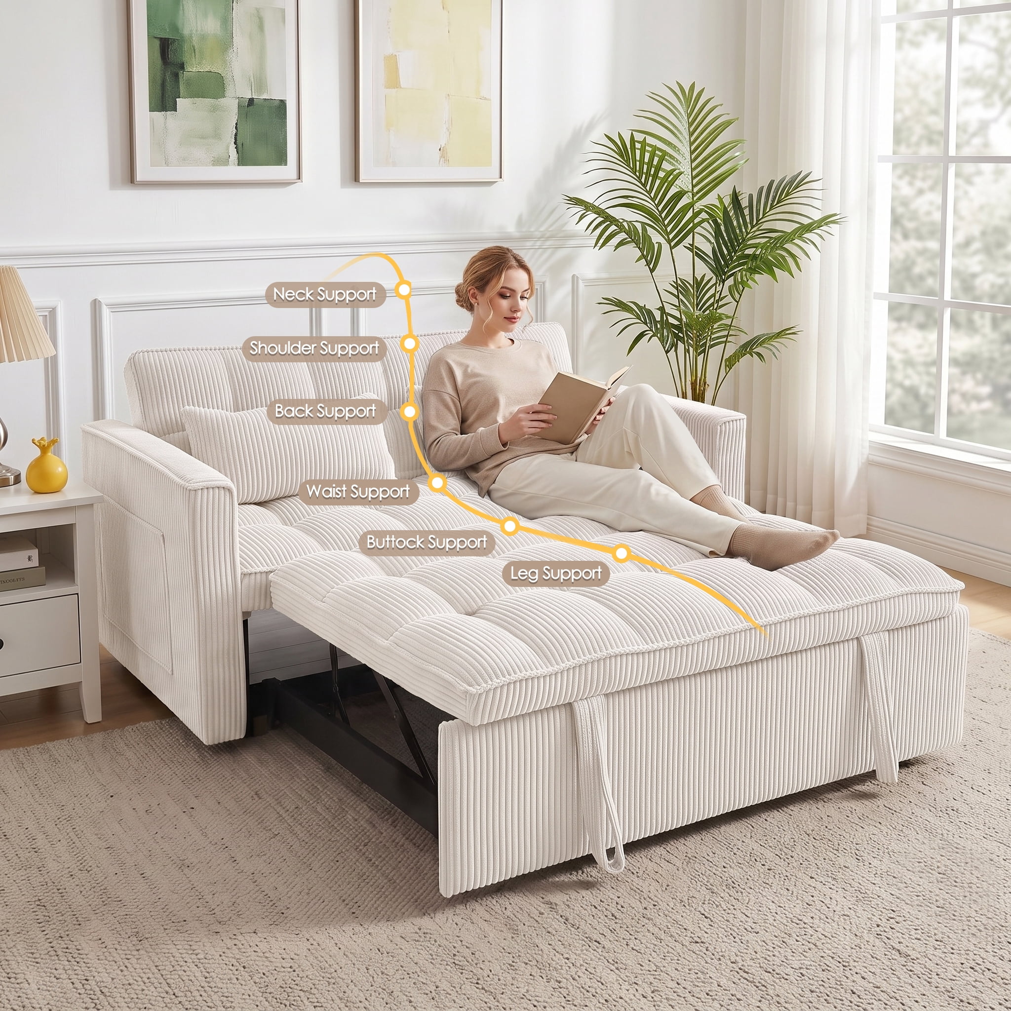 AISWORD Sleeper Sofa Bed, 3-in-1 Convertible Pull Out Couch with Adjustable Backrest for Living Room, Loveseat Sofa Bed with Side Pockets, Beige