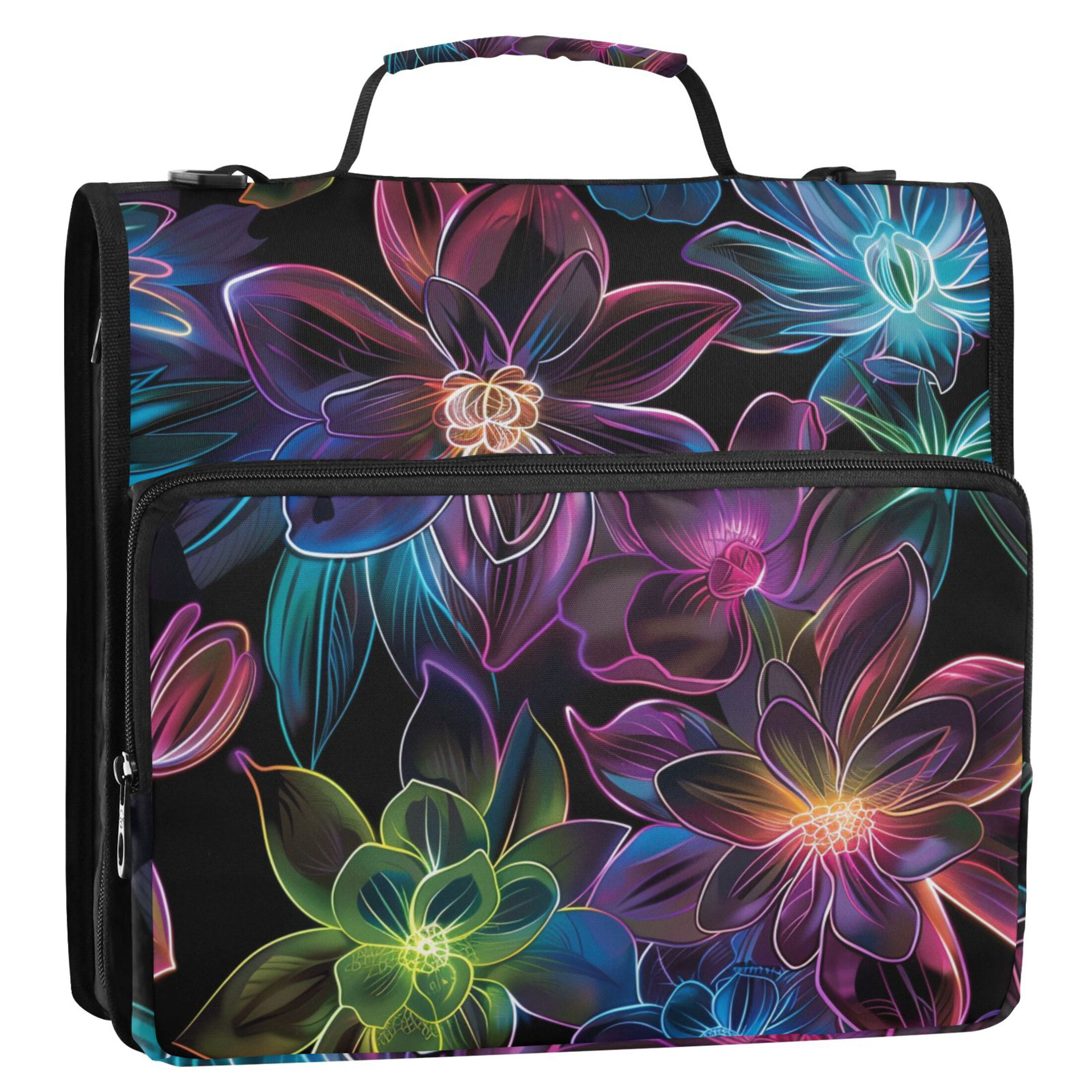 3 Ring Zipper Binder with Shoulder Strap Waterproof Trapper Keeper 2 Inch D-Ring 500 Sheets Capacity Neon Flowers