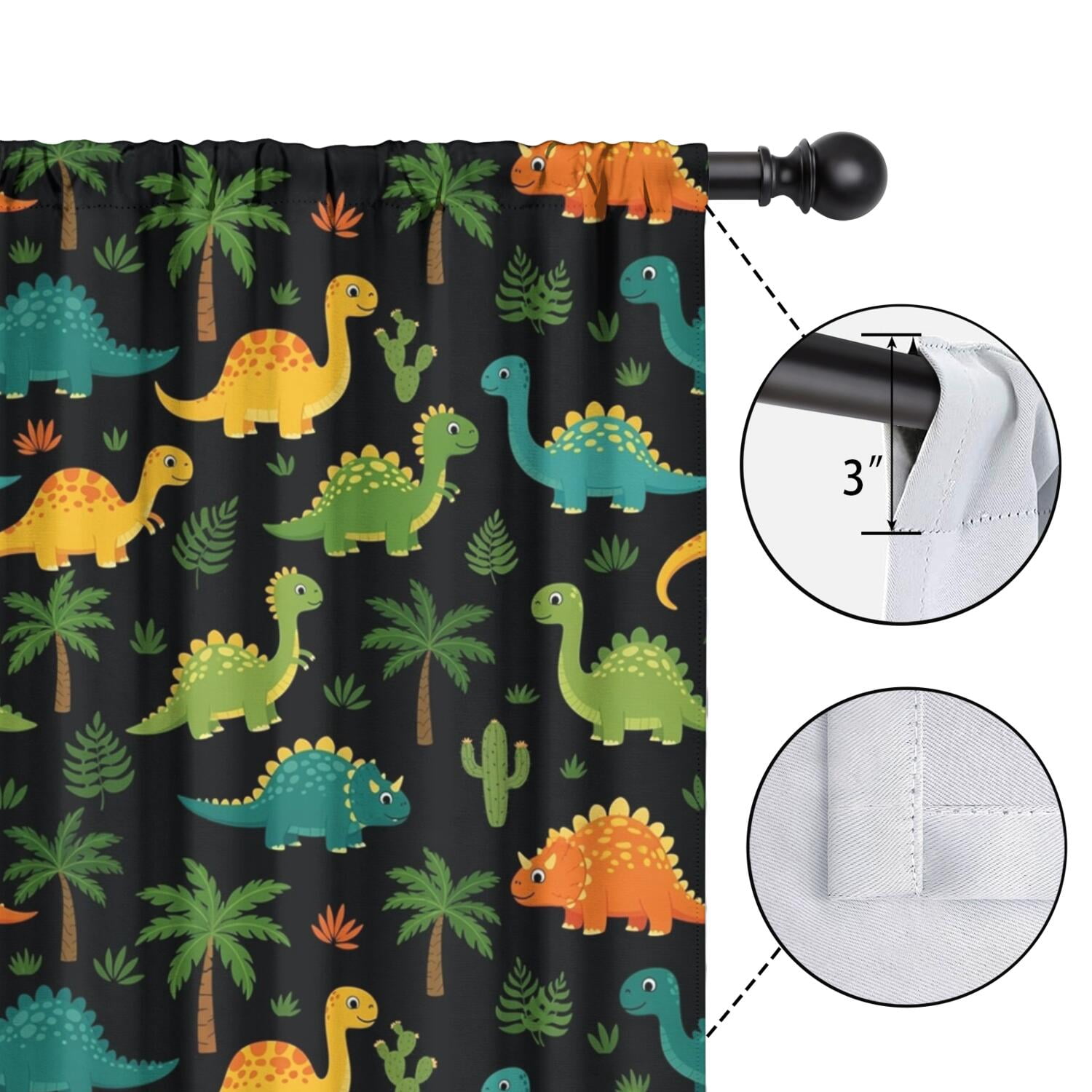 Blackout Kids Curtains,Black Colorful Dinosaurs Pattern Childrens Insulated Curtains Set Of 2,Bedroom Essentials,Toddler Room Decor 42"x54"