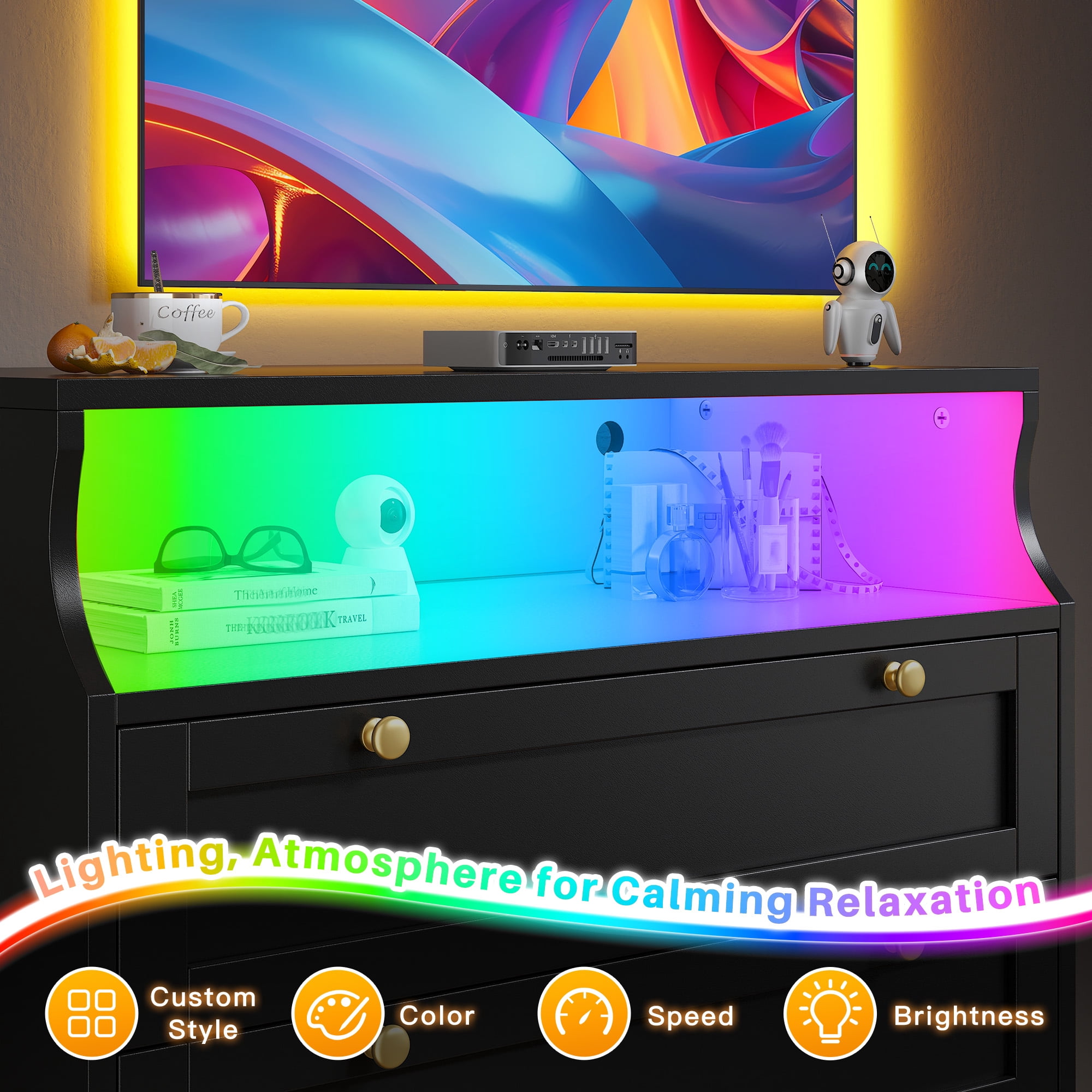 EnHomee Black 5-Drawer Dresser with LED Light, 31.7"L x 15.9"W x 48.6"H Modern Storage Furniture