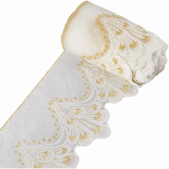 10 Yards Metallic Mesh Lace Sewing Edge Trim Gold Embroidered Flower Lace Ribbon 7-1/4 Inch Wide Floral Trim Ribbon Applique Fabric Crafts for Curtain Tablecloth Bridal Wedding Decorations White