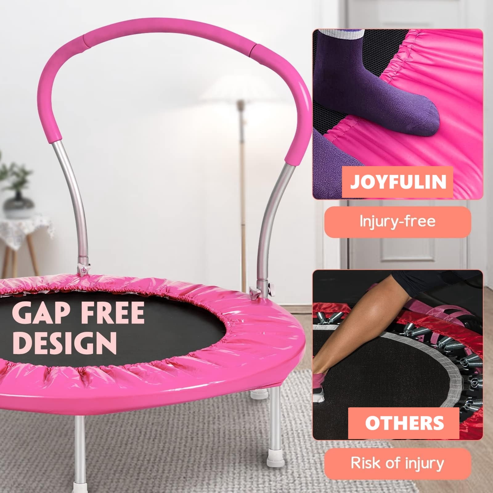 JOYFULIN 36" Trampoline for Kids, Mini Indoor/Outdoor Toddler Trampoline with Handle, Small Rebounder, Fitness Gift for Baby, Girls, Boys, Pink