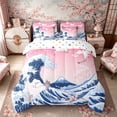 thumbnail image 3 of Manfei Ukiyo-e Crane Twin Bedding Sets for Girls Women, Fuji Moon Wave Bedding Comforter Set, Pink Blue White, Polka Dots Reversible 7pcs, 3 of 6
