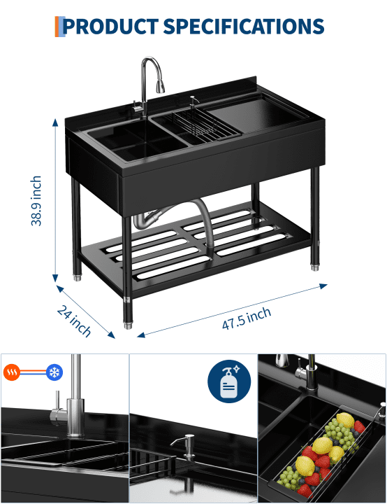 47.5" W x 24" D x 38.9" H Heavy-Duty Freestanding Utility Sink – Stainless Steel Commercial Basin with Pull-Out Faucet