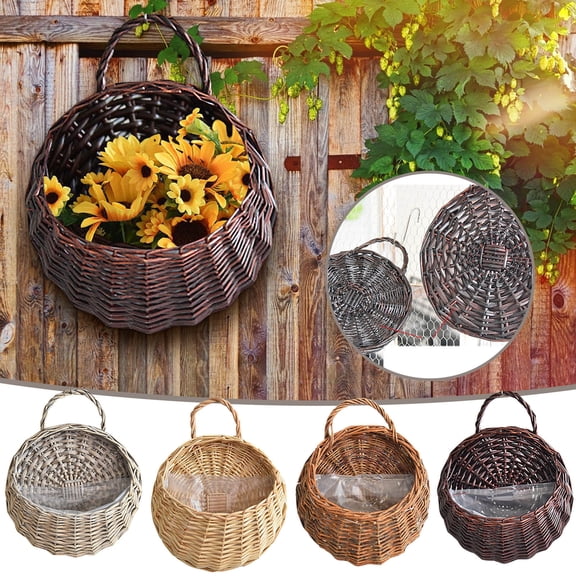 Rattan Wicker Hanging Flower Pot,hanging basket for front door,Half Round Rattan Railing Planter,Hanging Planter with Removable An integral handle,Wall Storage Basket,Beige L