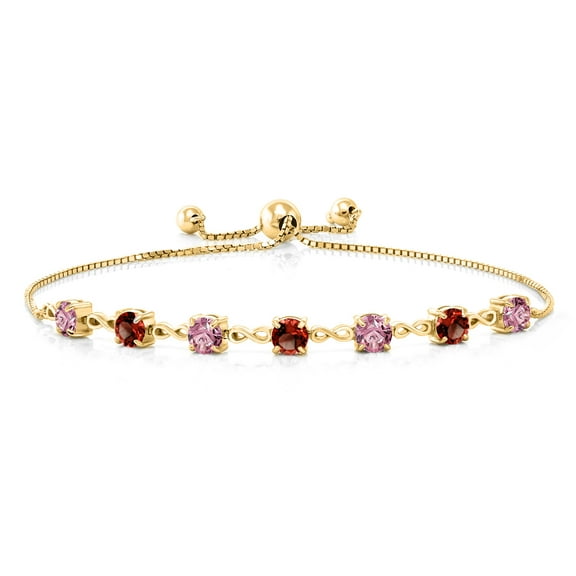 Gem Stone King 18K Yellow Gold Plated Silver Pink Lab Grown Diamond and Red Garnet Infinity Links Bracelet for Women (2.94 Cttw, Round 4.5MM, Fully Adjustable up to 9 inch)