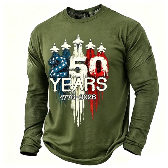 XAOFW Men's Casual Long Sleeve T Shirt For Man Breathable Red White & Blue Tee 250th Anniversary Usa Celebration T-Shirts Soft Top L
