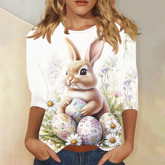 Royisotas Easter Shirts for Women Funny Bunny Print Cute Graphic Short Sleeve Casual Easter Tops for Women