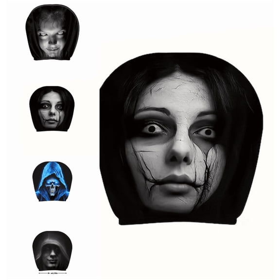Spooky Scary Headrest Covers for Cars, Glowing Blue Hooded Skull Printed Car Headrest Protector, Breathable Elastic Fabric Auto Interior Halloween Accessories (D)