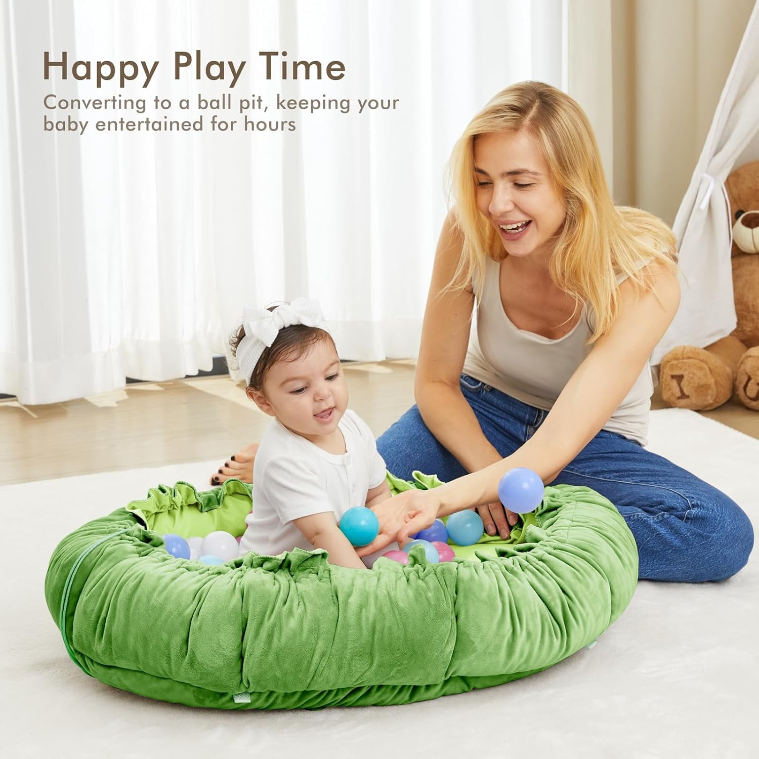 5 in 1 Baby Play Gym Mat, Reversible Tummy Time Mat with 5 Sensory Toys for Stage-Based Developmental, Thick & Large Baby Activity Center from Newborn to Toddler (Green)