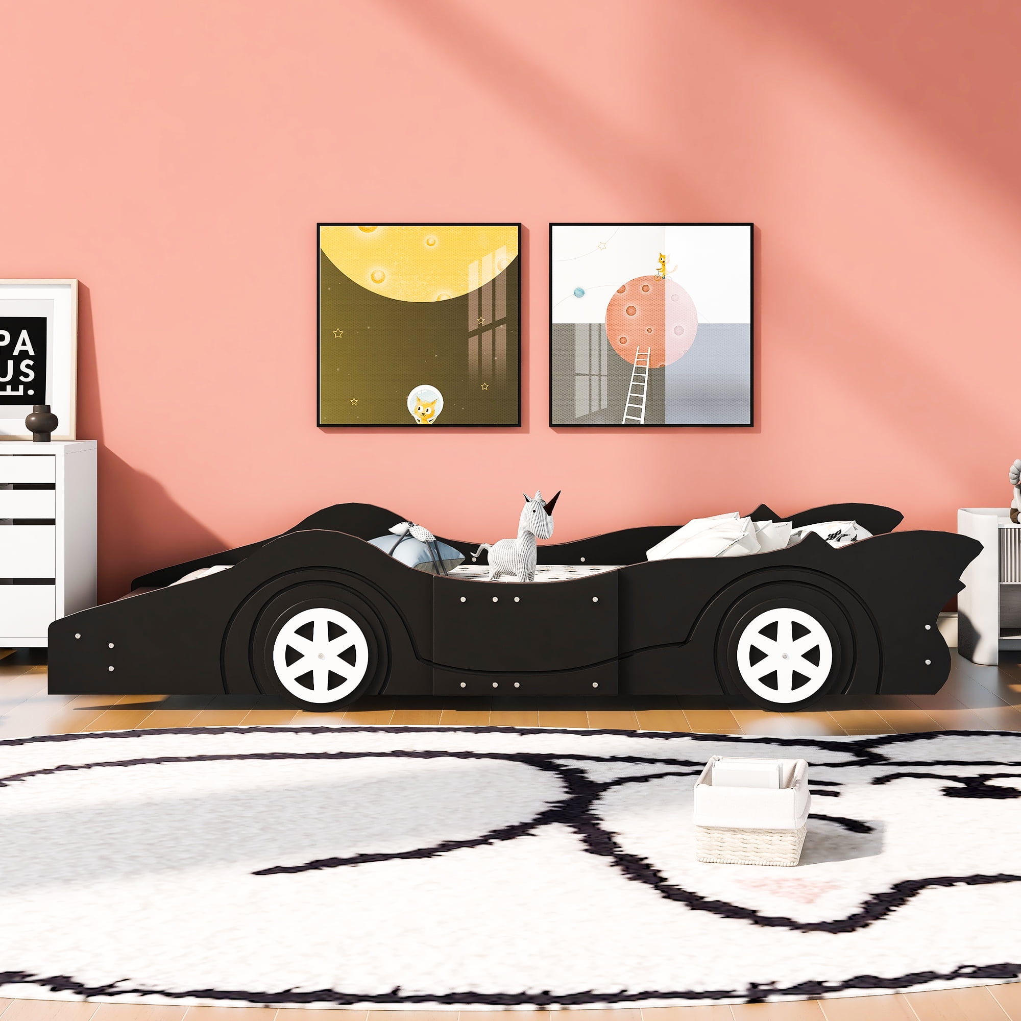 Daatumm Full Racing Platform Bed with Dynamic Speed Accents & Rolling Wheels - Jet Blue Upholstered Bed Frame for Themed Bedrooms & Playful Spaces