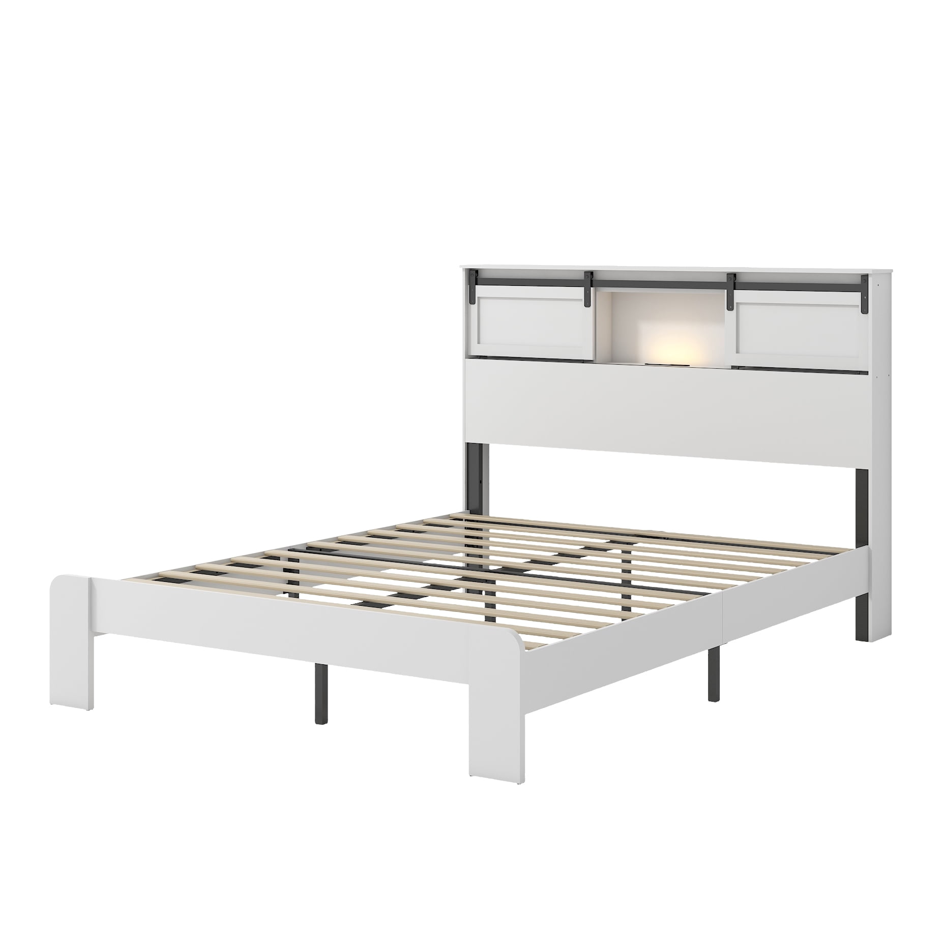 Gewnee Queen Metal Platform Bed Frame with Storage Headboard, 2 USB Ports, No Box Spring Needed for Bedroom, White