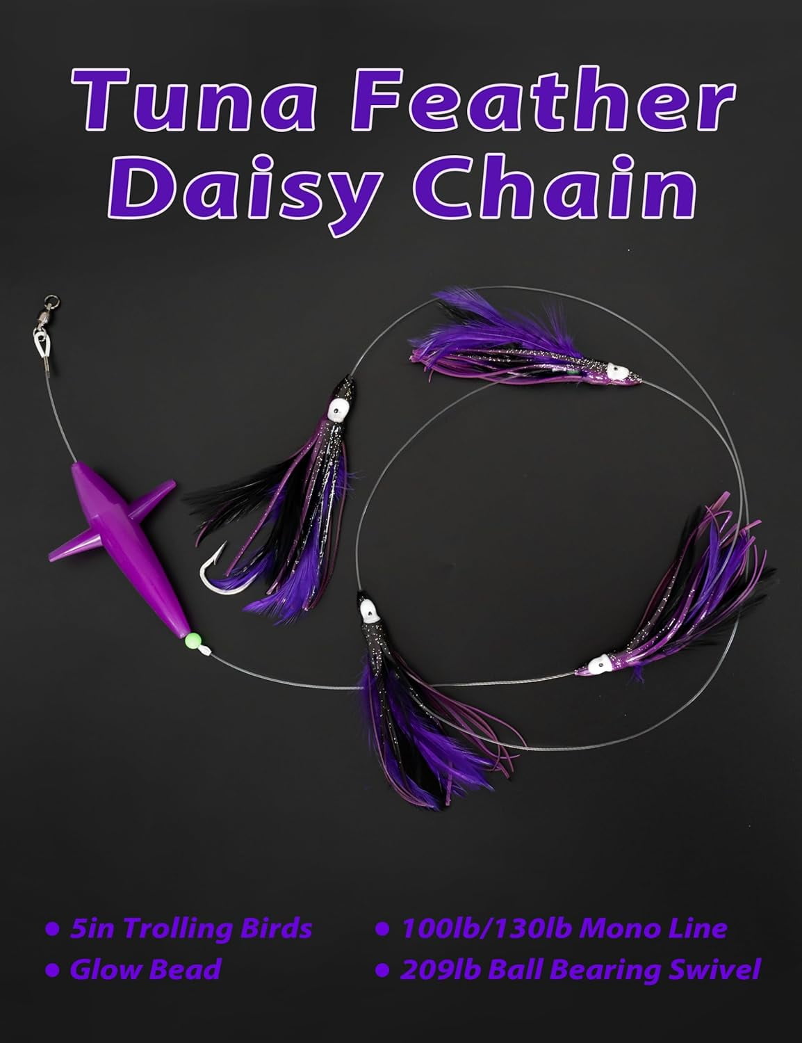 BLUEWING Tuna Feather Daisy Chain Squid Chain Fishing Teaser Lure with 4in Feathered Trolling Squids and Stainless Steel Trolling Hook Big Game Trolling Lure for Tuna Mahi Wahoo Marlin, Black/Purple