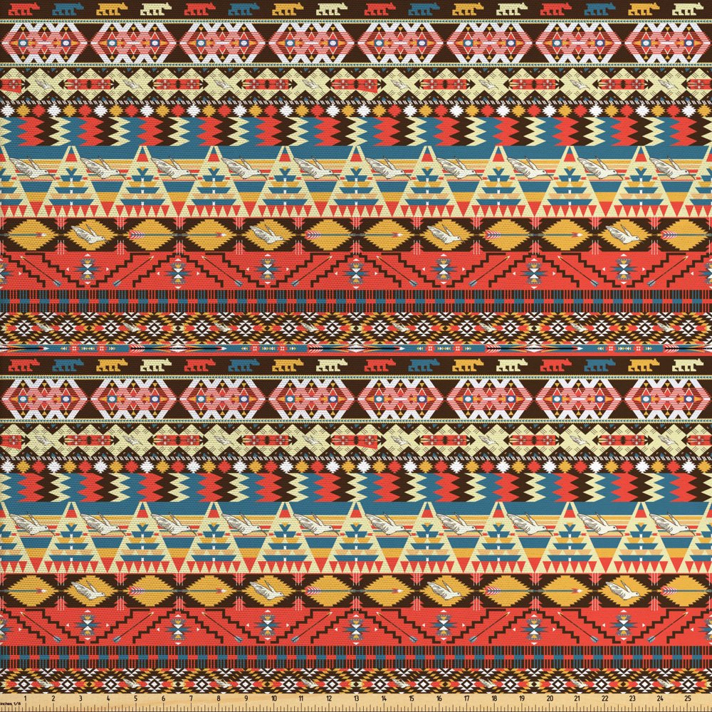 Colorful Fabric by The Yard, Aztec Pattern with Birds Flowers and