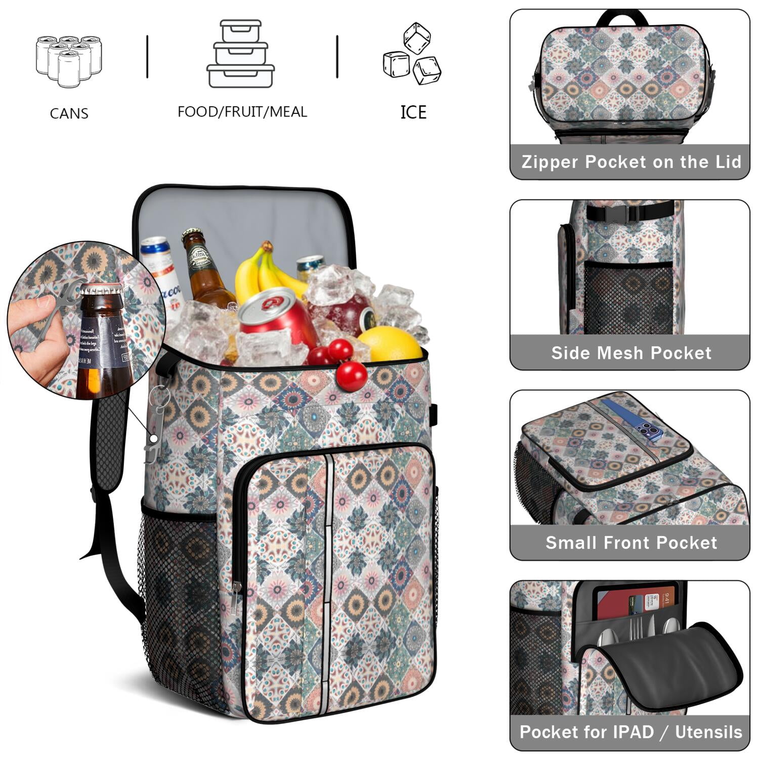 Travel Cooler Bag - Boho Bohemia Flower Camping Beer Cooler Backpack with Bottle Opener- Waterproof Insulated Picnic Backpacks - Cooler Bag for Beach