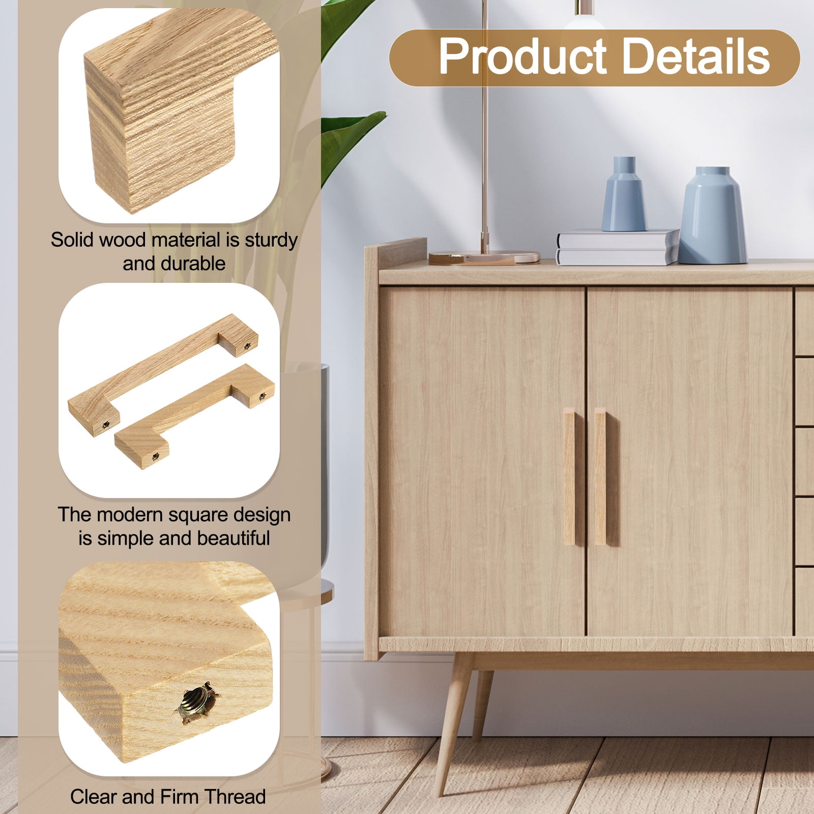 Uxcell 4 Pack Wood Drawer Pulls, 8 Inch Hole Center Square Wooden Drawer Pulls Cabinet Handles with Screws for Kitchen Dresser Wardrobes Door Cupboard, Ash Wood