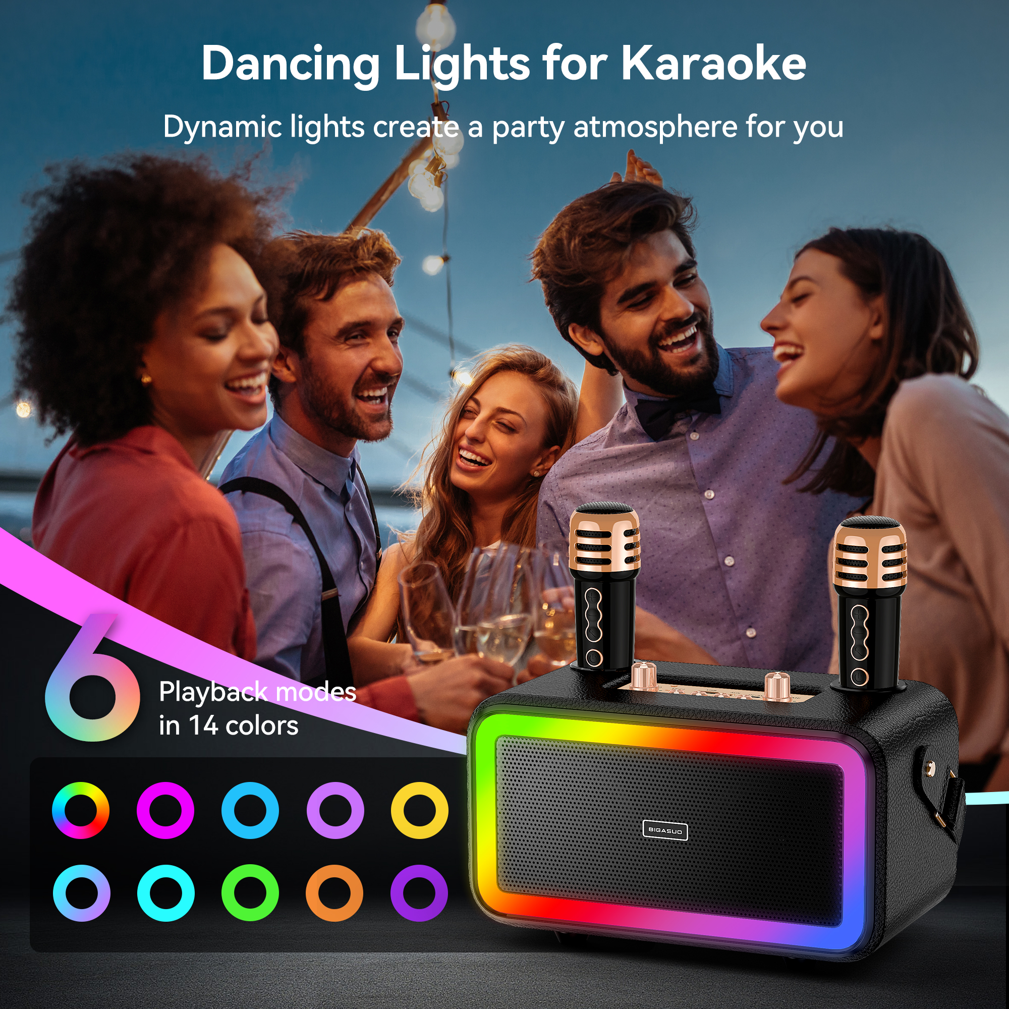 BIGASUO Portable Karaoke Machine, 2 UHF Wireless Mics photo 2